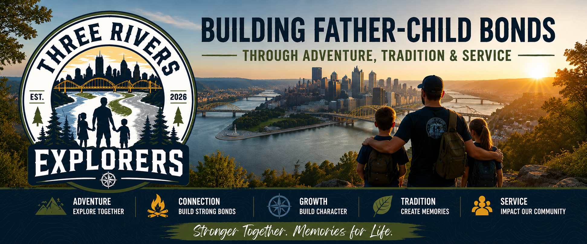 Three Rivers Explorers — Building father-child bonds through adventure, tradition & service. Adventure, Connection, Growth, Tradition, Service. Stronger together, memories for life.